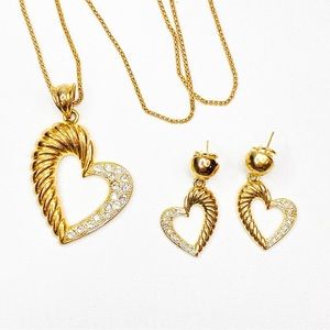 Vintage 1940s E. Bastheim Co. Gold Tone Crystal Heart Necklace and Earring Set